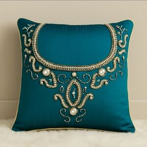 Teal Silk Beaded Accent Pillow with Rhinestone Embroidery Cushion